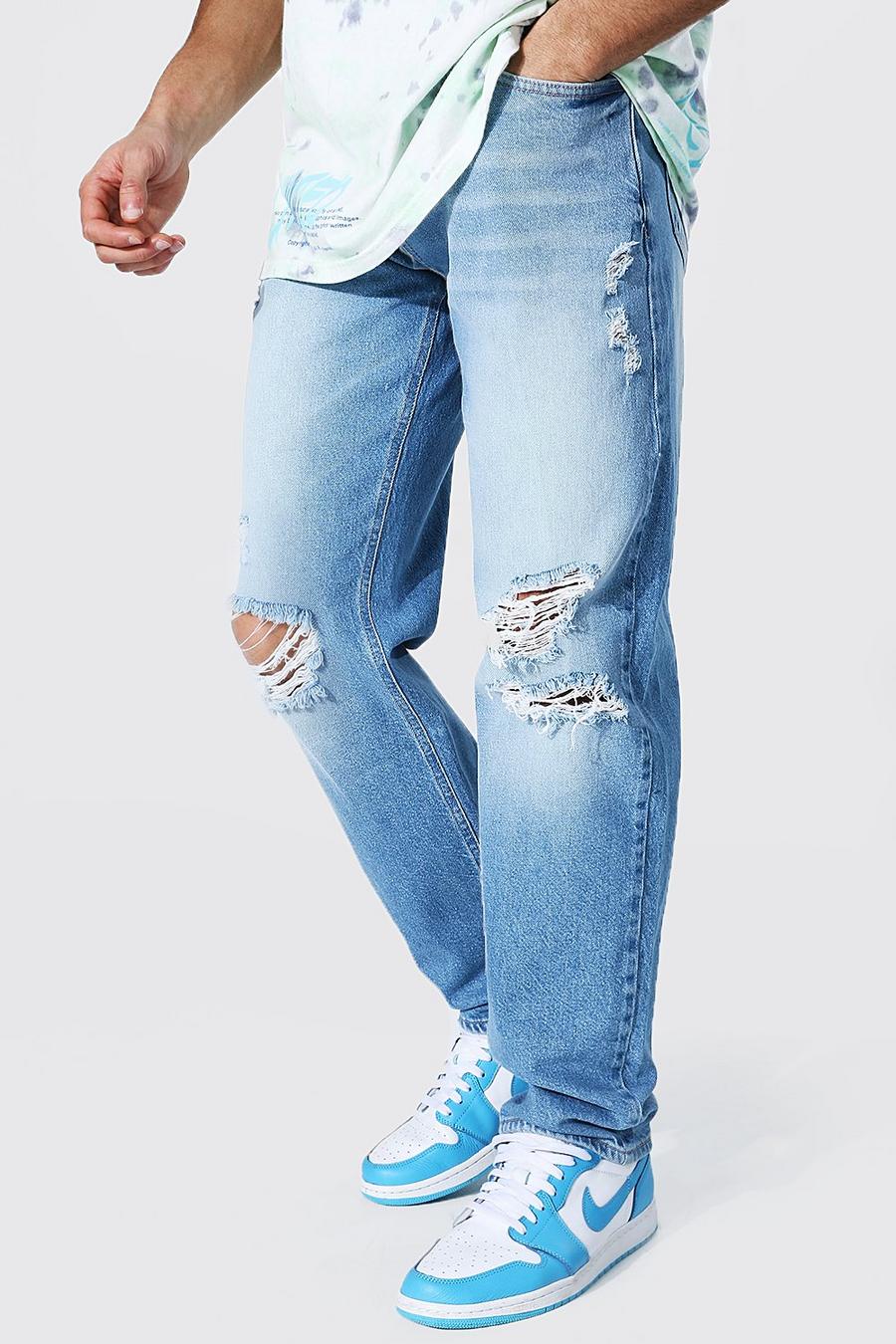 Mid blue Jeans med slitna knän och ledig passform image number 1