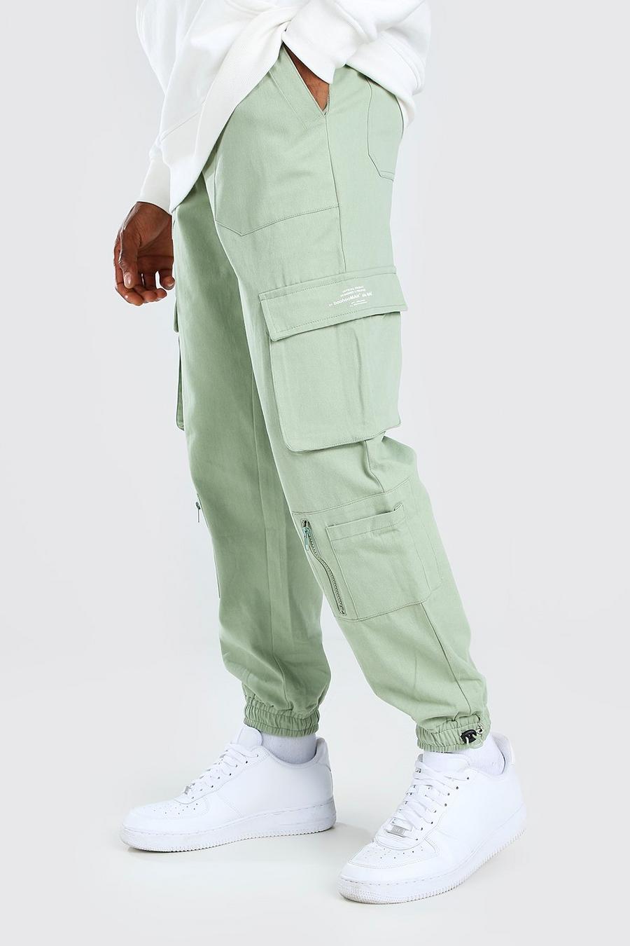 Pantalon cargo en sergé à poches multiples avec cordons élastiques, Menthe image number 1