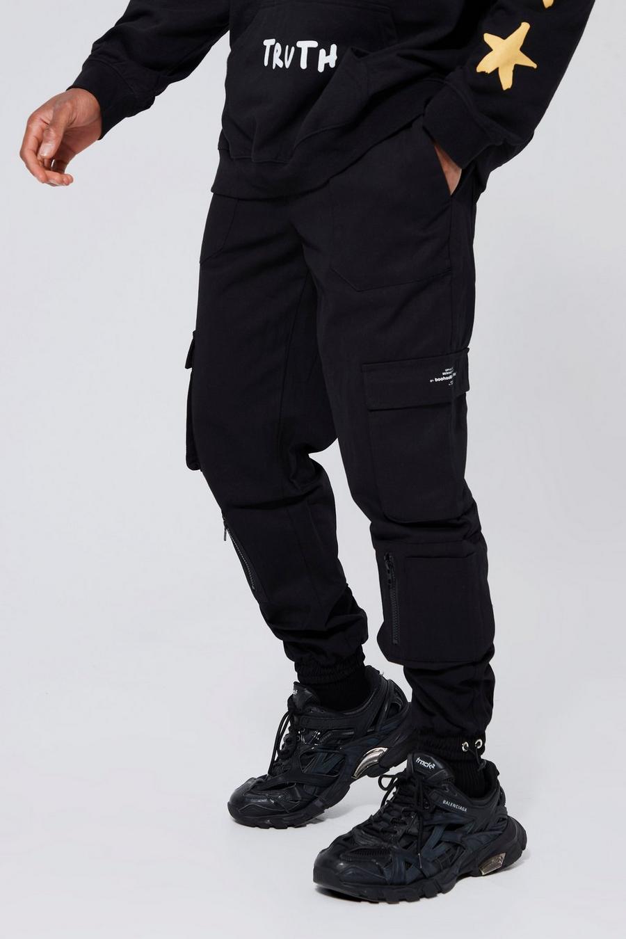 Black Twill Multi Pocket Cargo Pants With Bungee Cords image number 1