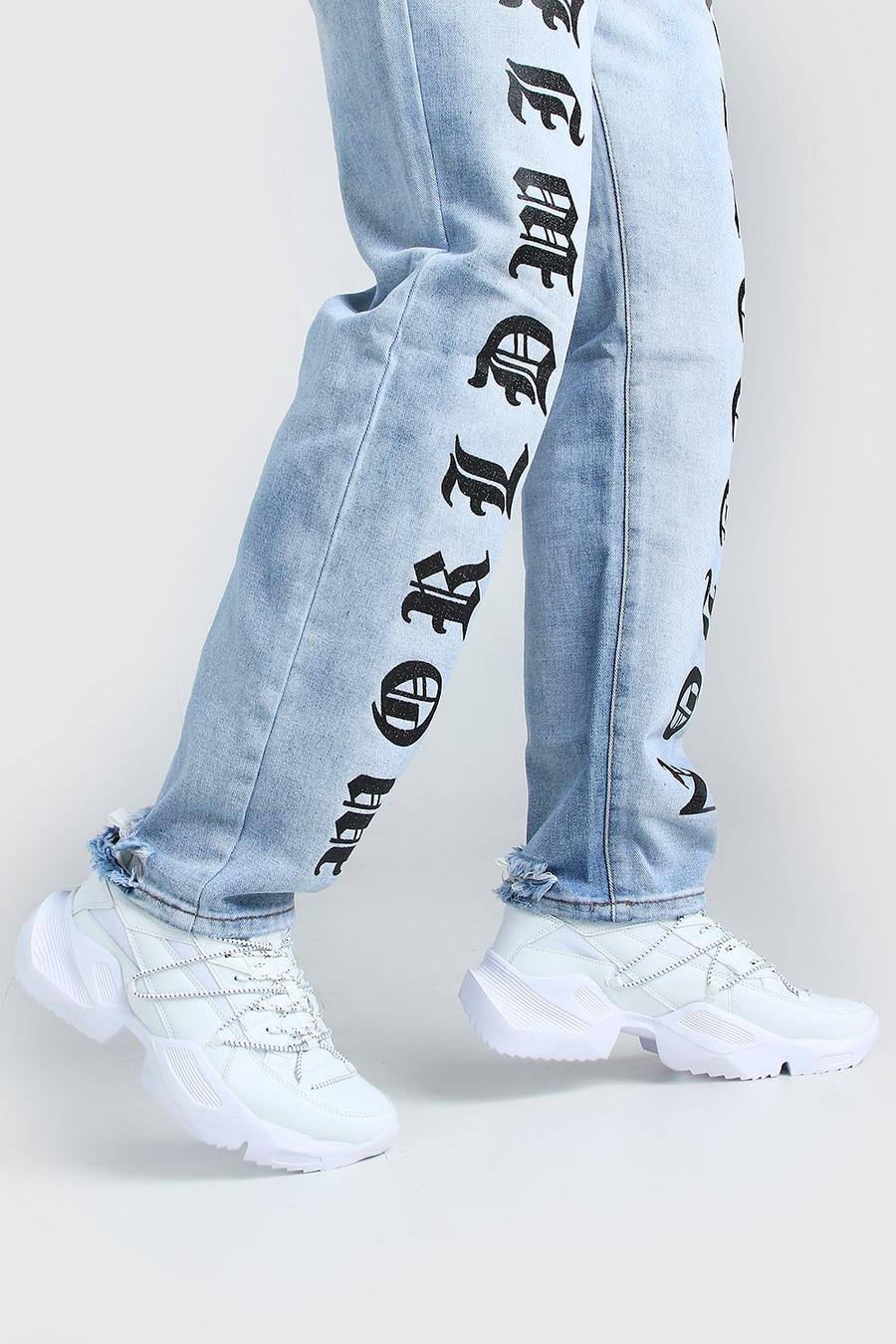 Robuste Sneaker mit MAN-Print und Bungee–Schnürung in Kontrastfarben, Weiß image number 1