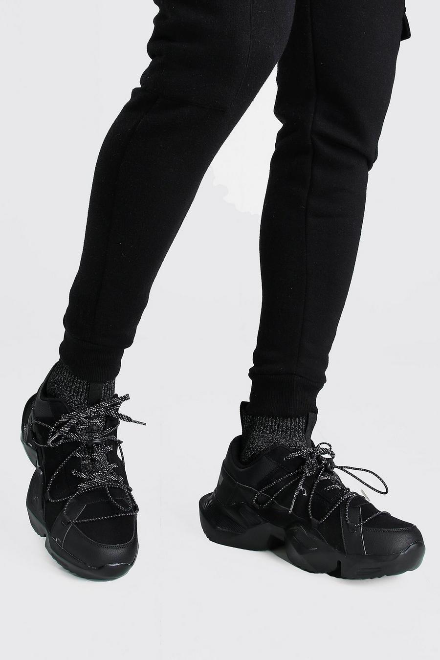 Black Man Chunky Sneakers With Reflective Sock Insert image number 1