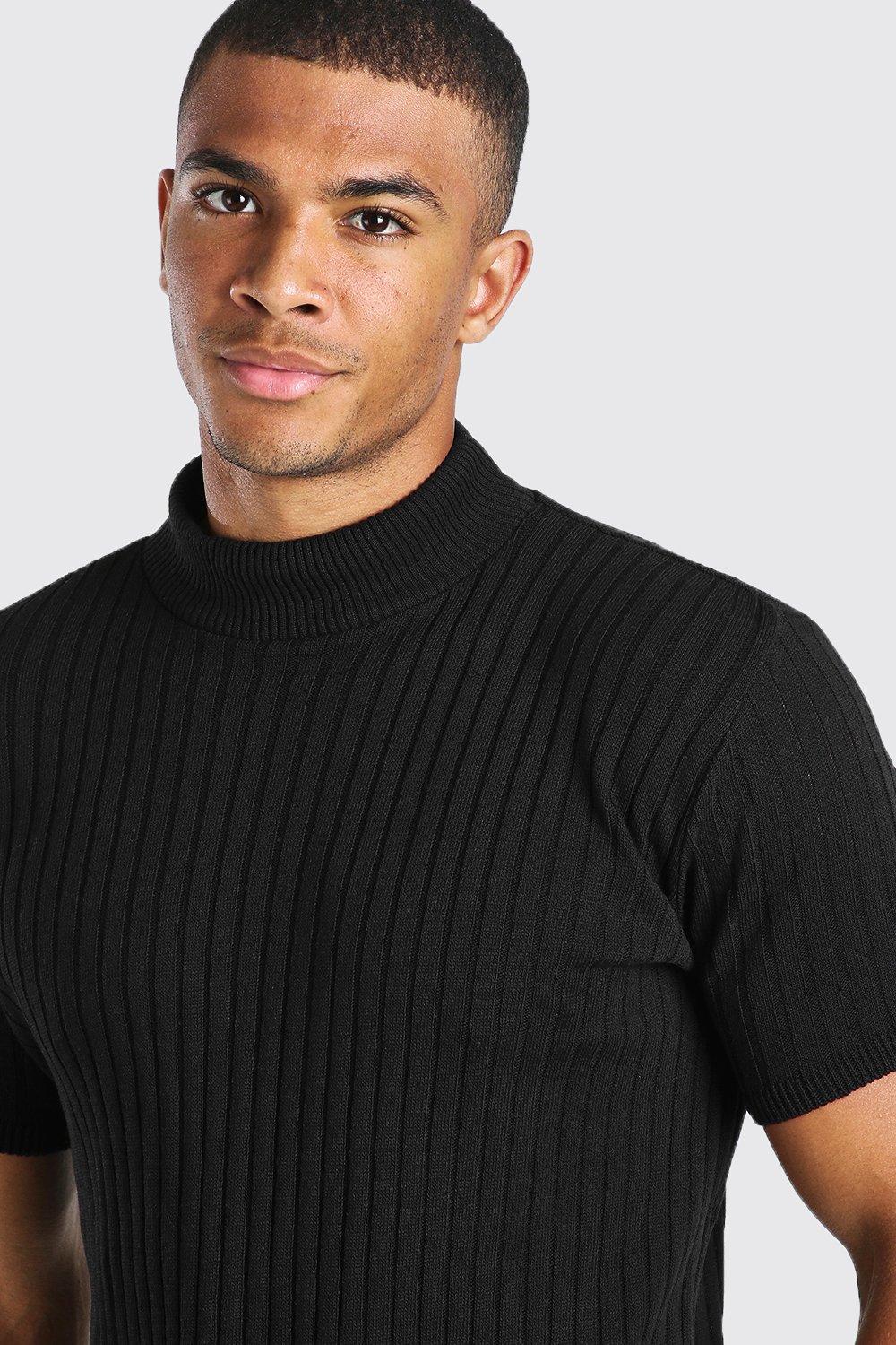 Men s Ribbed Short Sleeve Turtle Neck Knitted T Shirt Boohoo UK