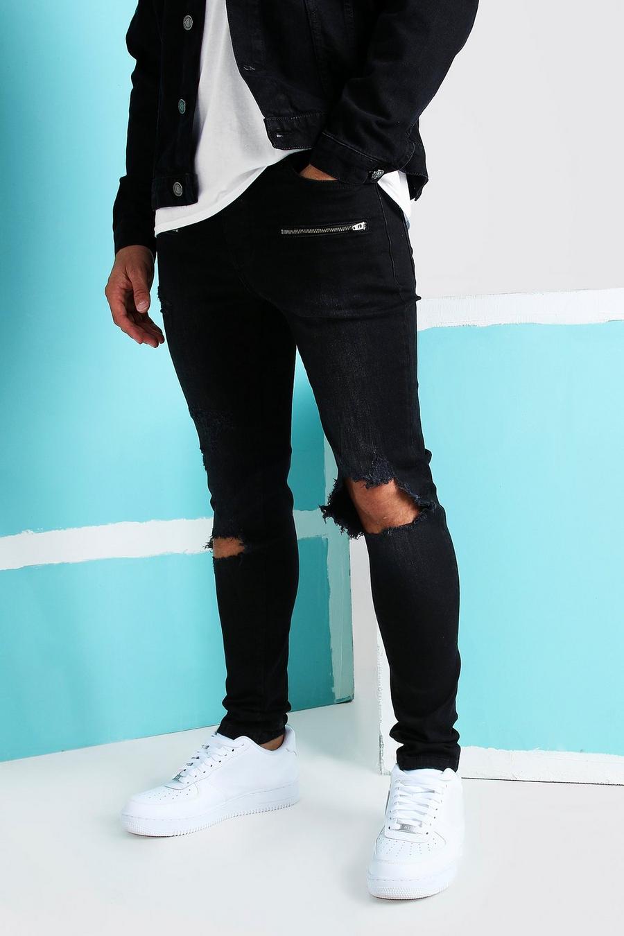 Washed black Super Skinny Blow Out Ripped Knee Jeans image number 1