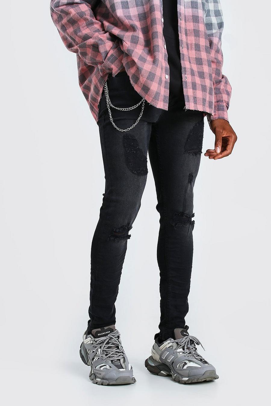 שחור דהוי סקיני ג'ינס נמתח בגזרת סקיני עם קרעים ושרשרת  image number 1