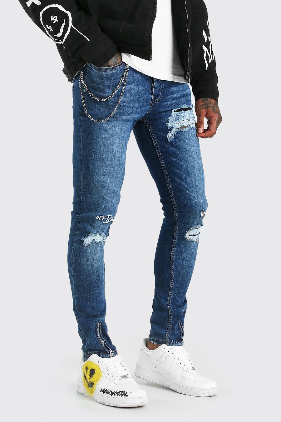Mid blue Super skinny jeans med brodyr och dragkedjor image number 1