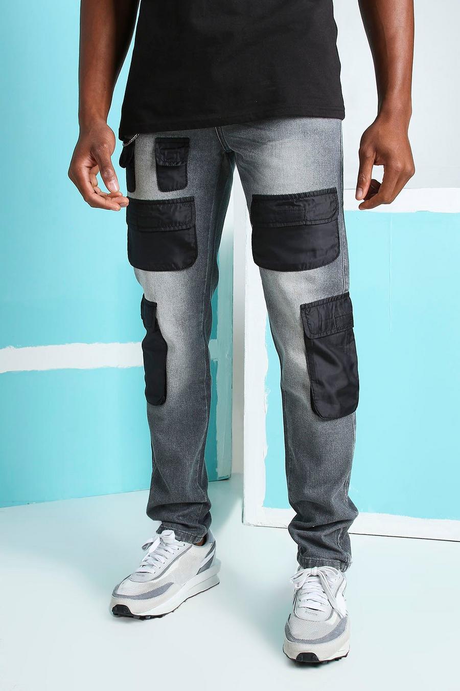 אפור כהה סקיני ג'ינס עם כיסי דגמ"ח מניילון קשיח image number 1