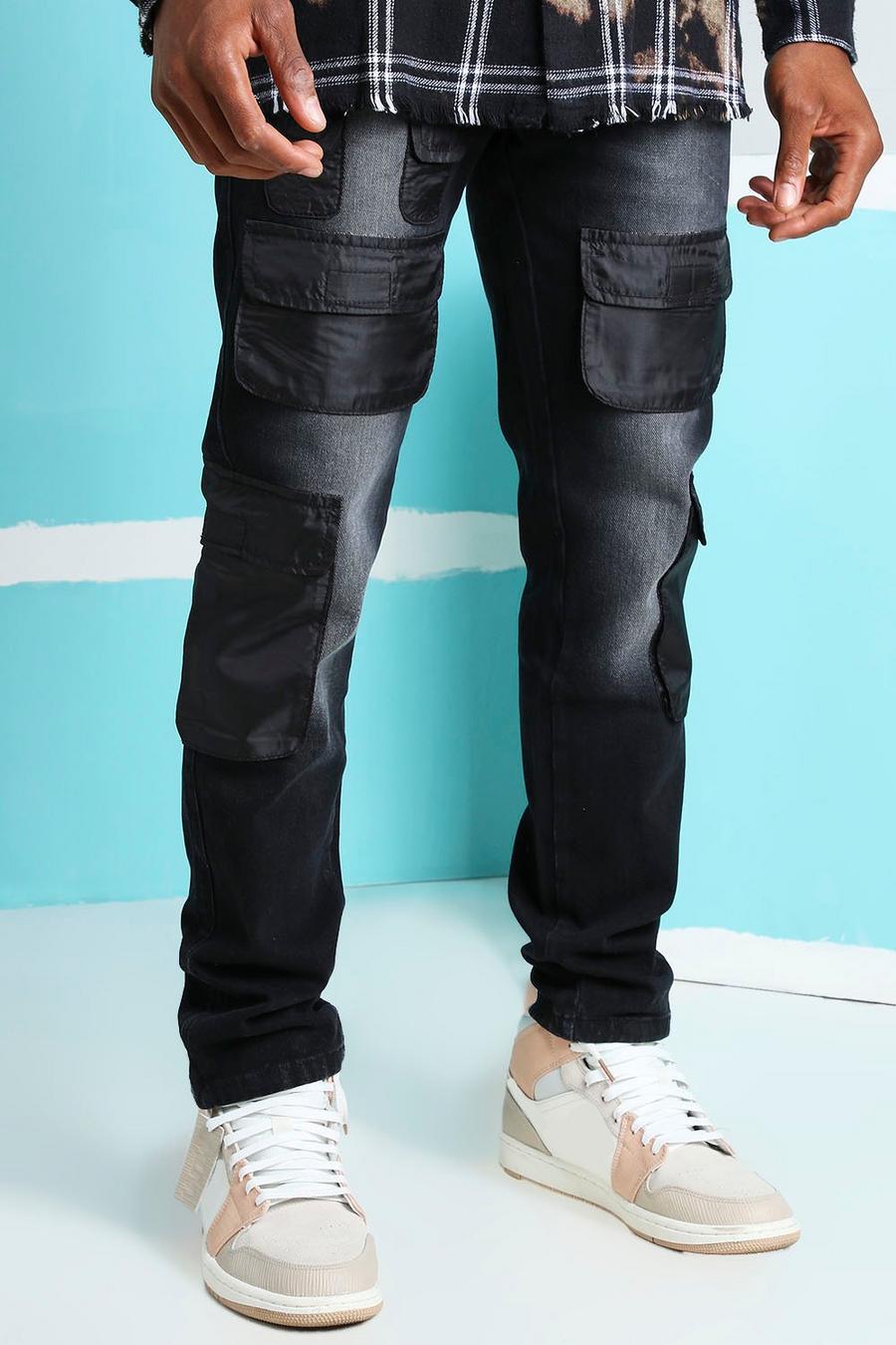 Washed black Skinny Rigid Nylon Cargo Pocket Jeans image number 1