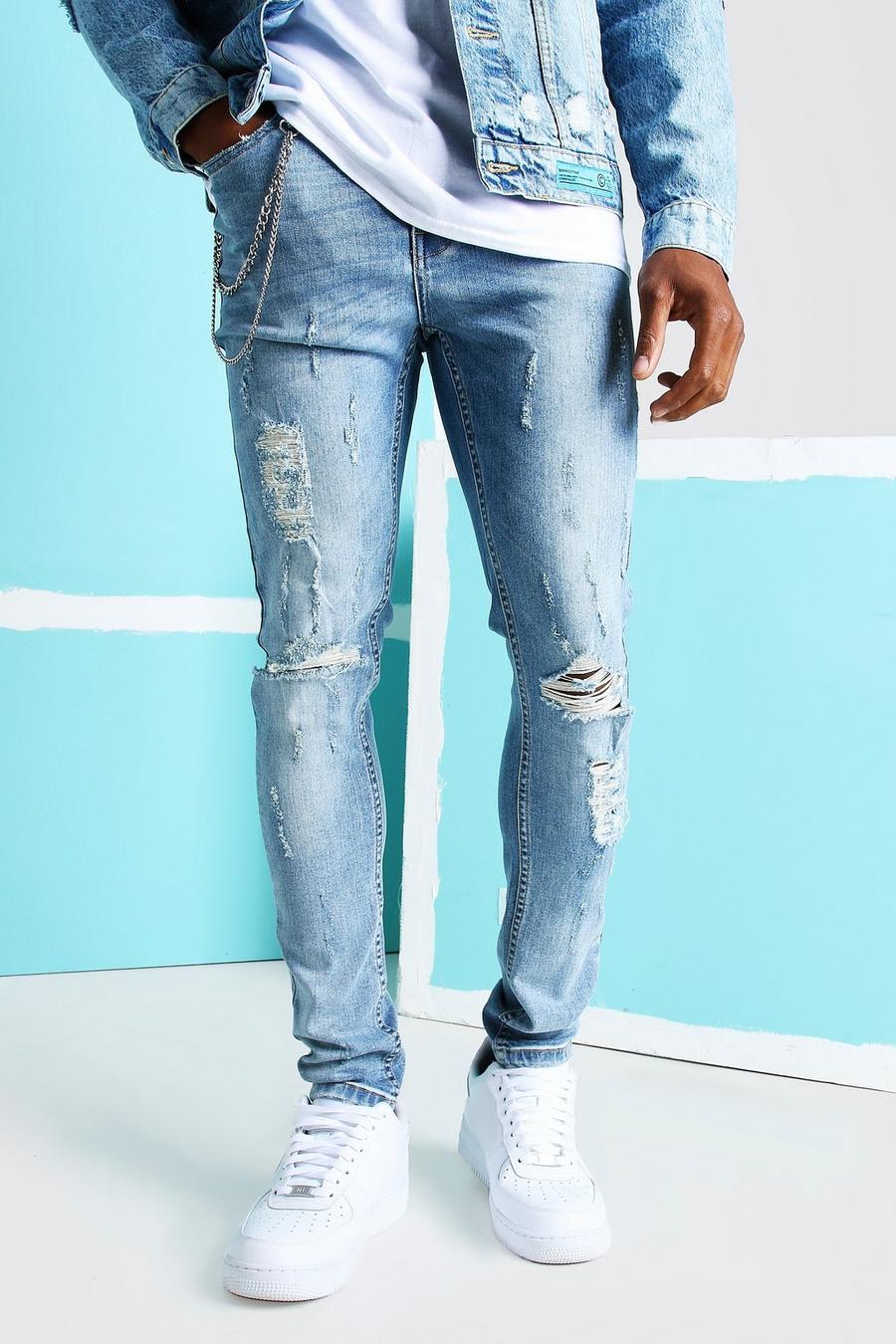 Jeans taglio super skinny con effetto consumato e strappi al ginocchio, Blu medio image number 1