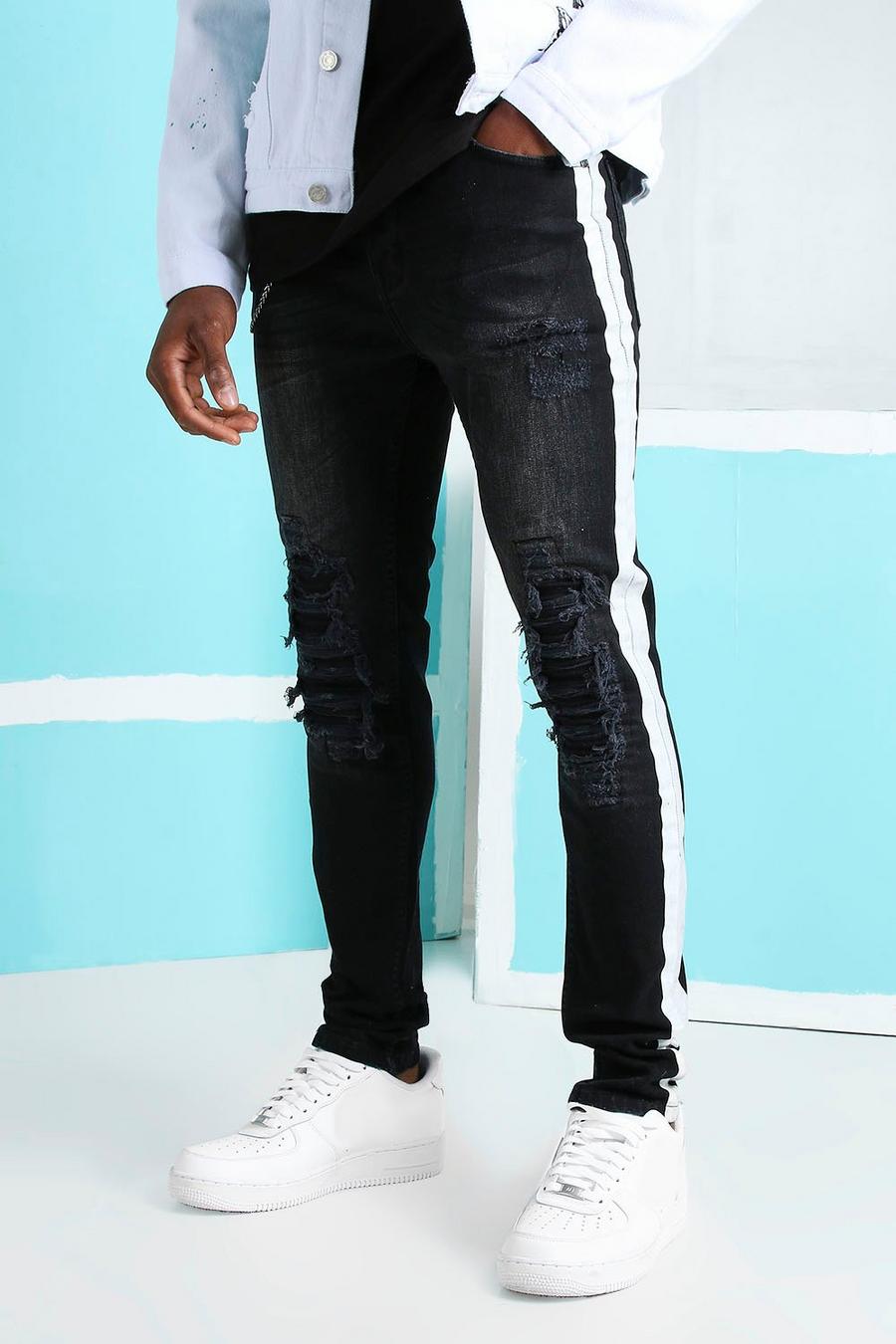 שחור דהוי סופר סקיני ג'ינס עם טלאים בסגנון אופנוענים image number 1
