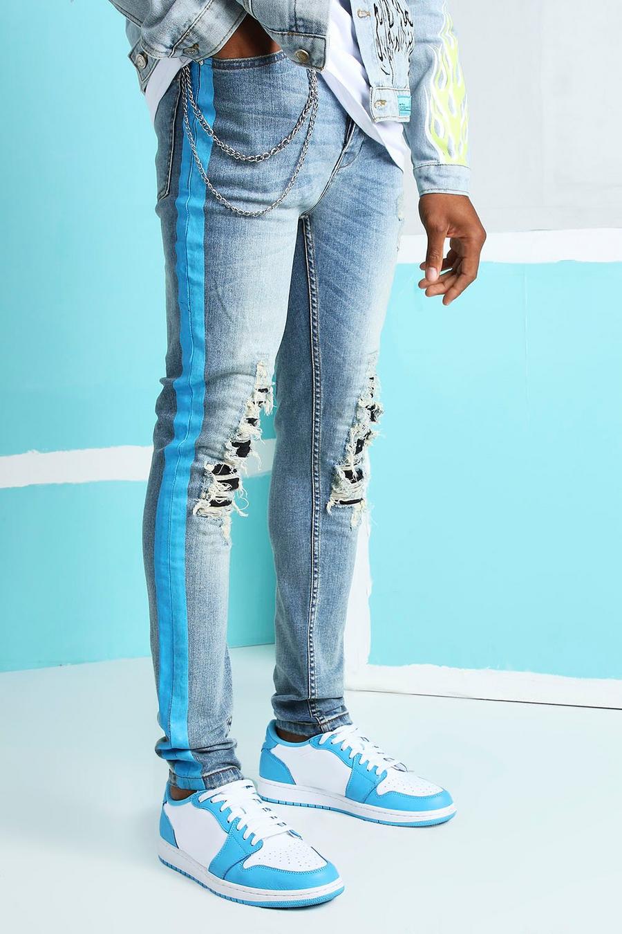 כחול אפור סופר סקיני ג'ינס עם טלאים בסגנון אופנוענים image number 1