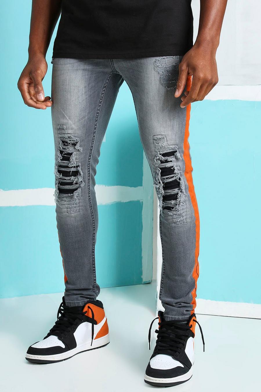 Dark grey Super skinny biker jeans med slitage och lagningar image number 1