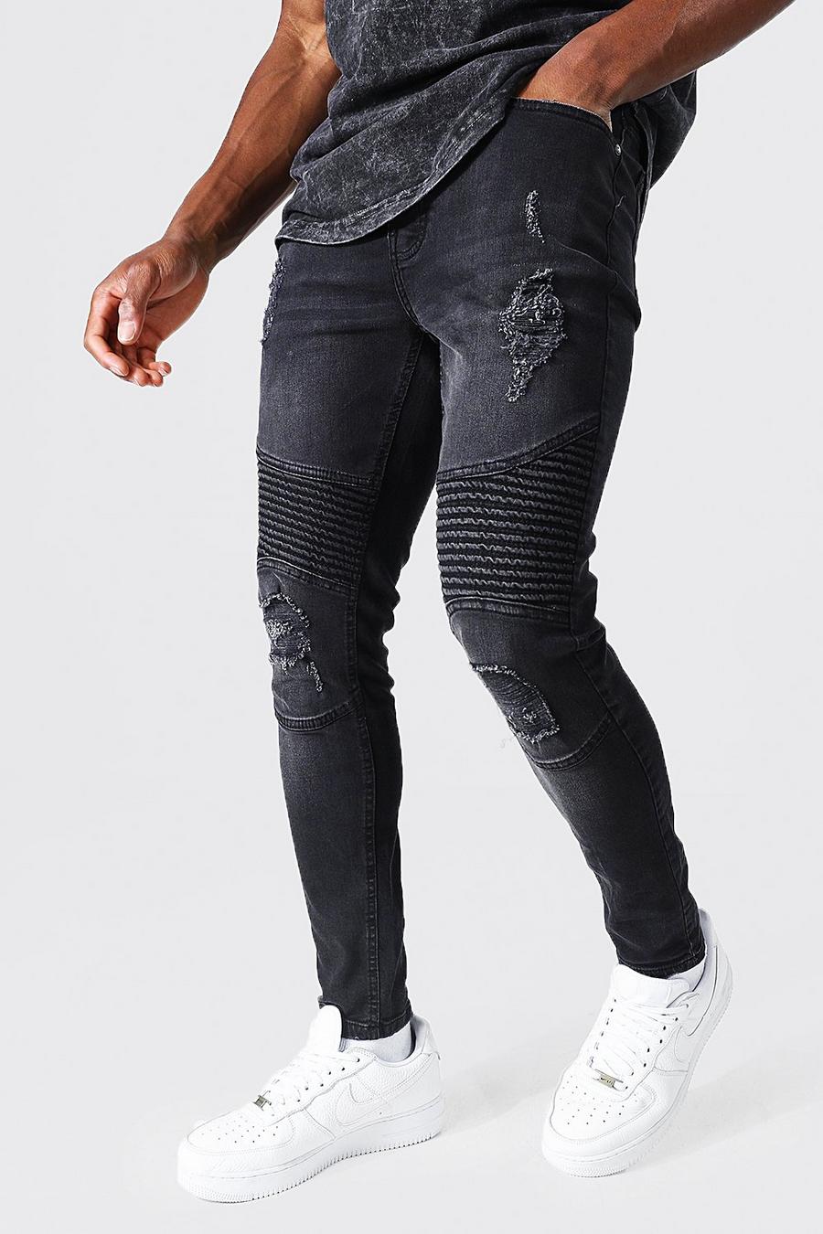 Washed black Super skinny jeans med bikerdetaljer och slitage image number 1