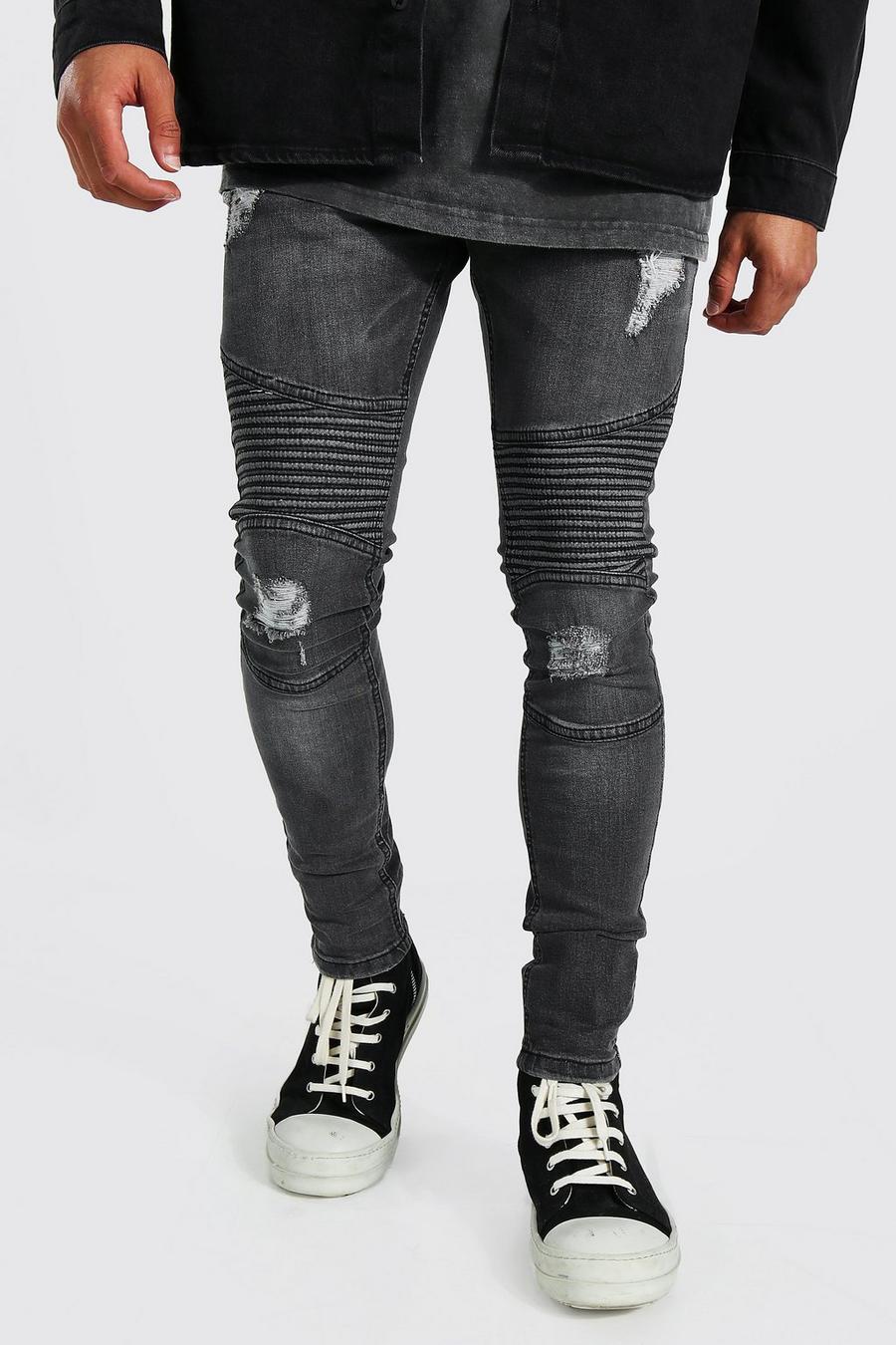 Dark grey Super skinny biker jeans med slitage image number 1