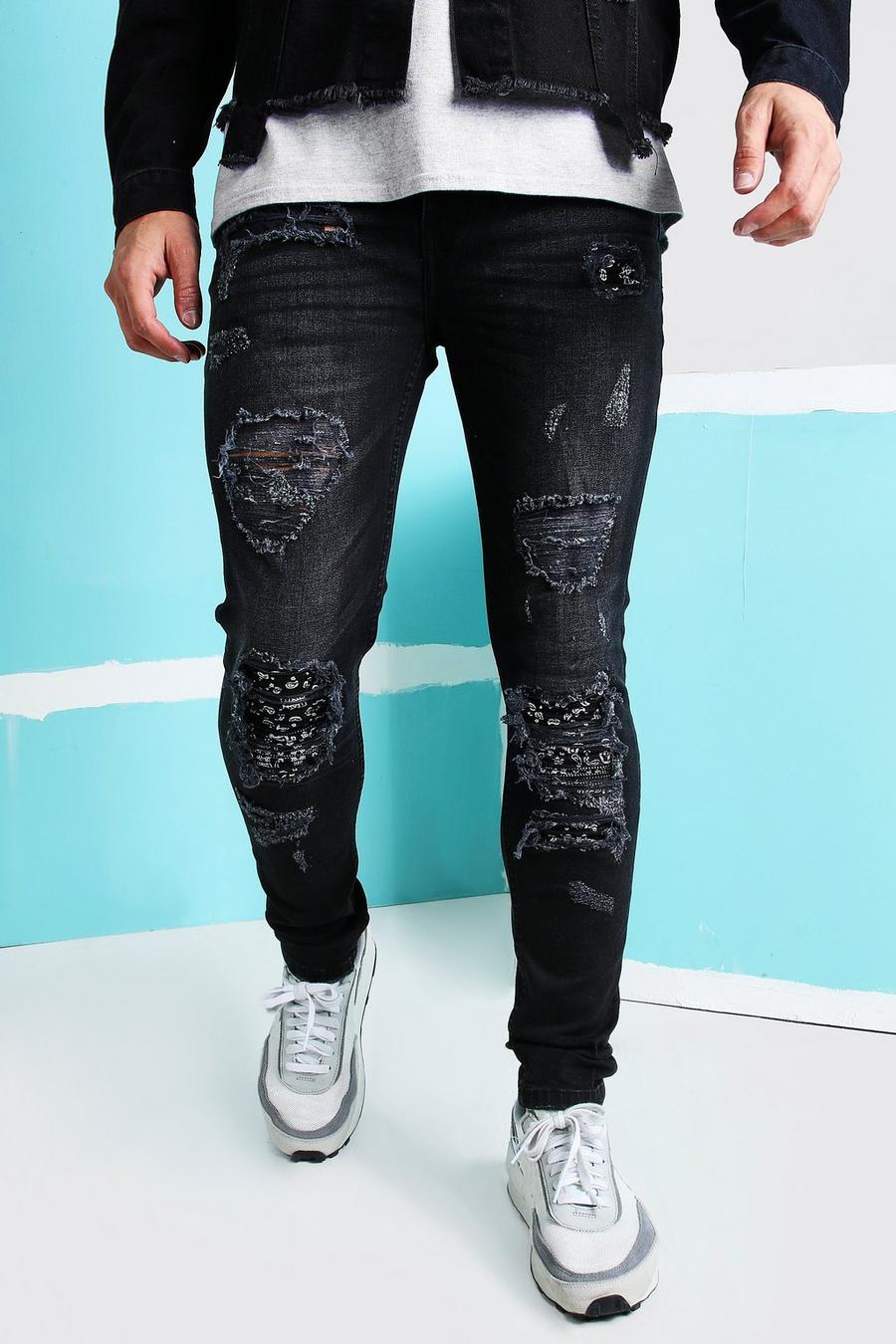 Washed black Super skinny jeans med slitage och lagningar med bandanamönster image number 1