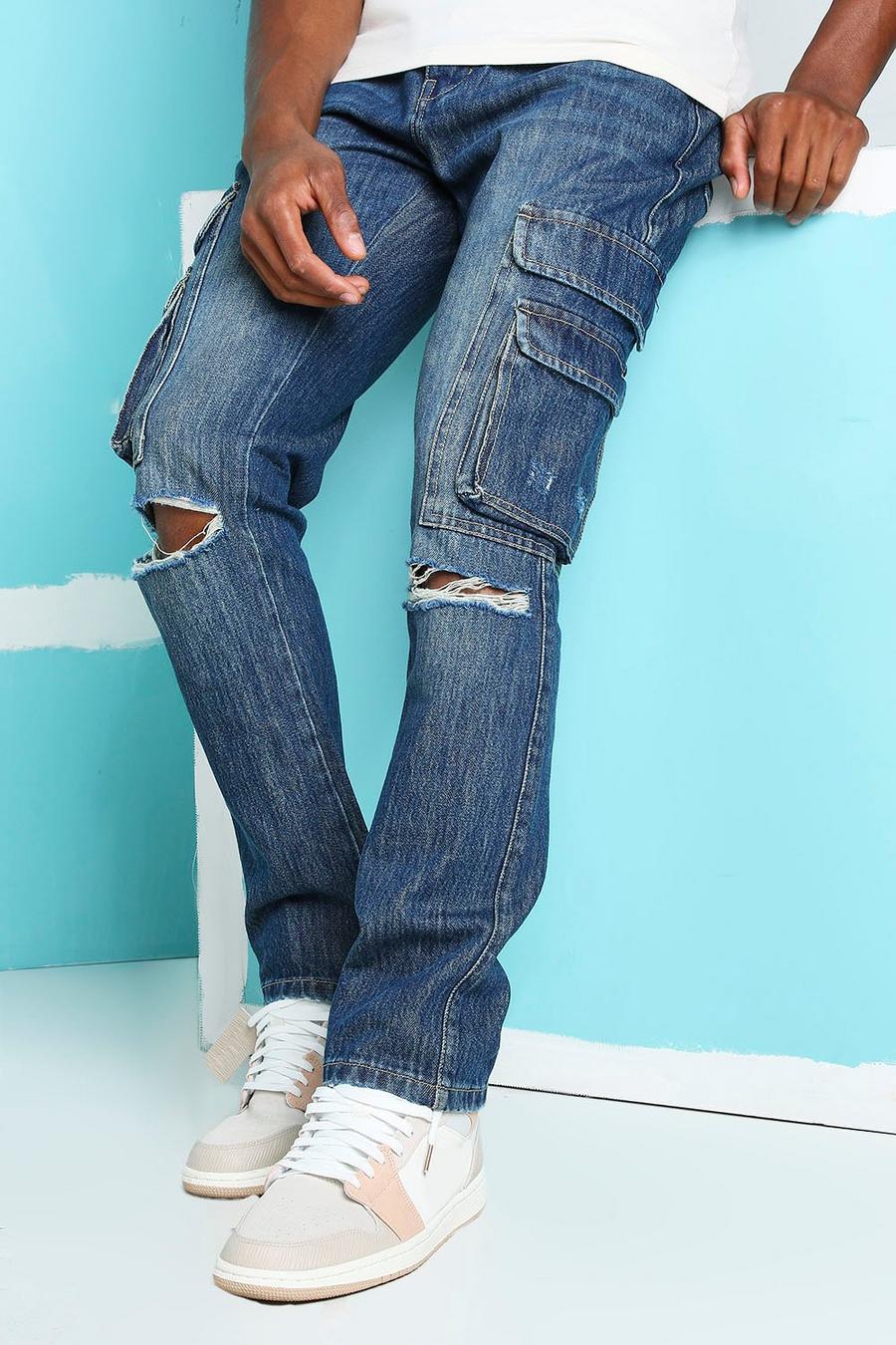 כחול עתיק ג'ינס בגזרה ישרה עם כיסי דגמ"ח וקרעים בברכיים image number 1
