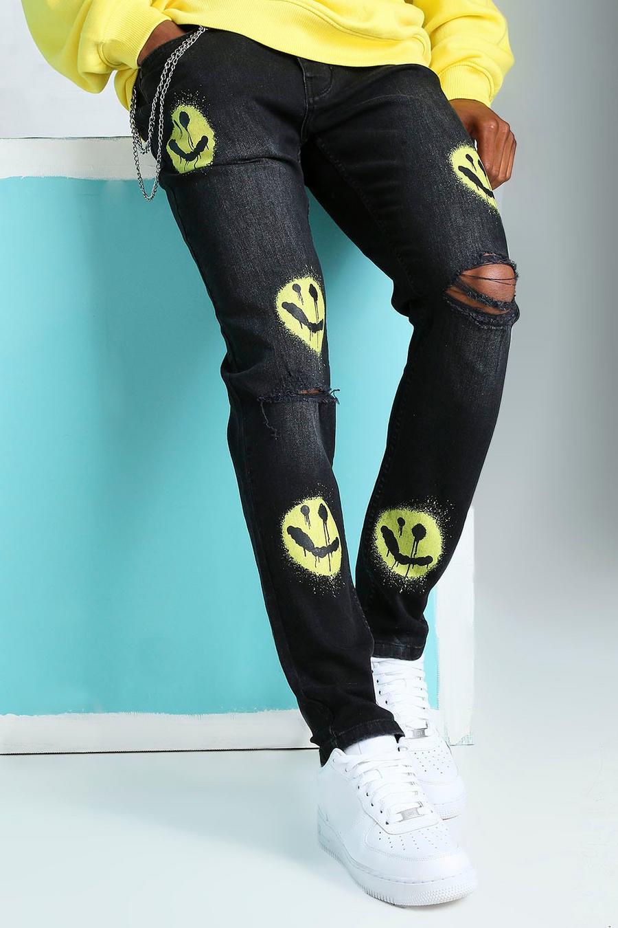 Jeans taglio skinny elasticizzati con strappi alle ginocchia e stampa di smiley, Nero effetto lavato image number 1