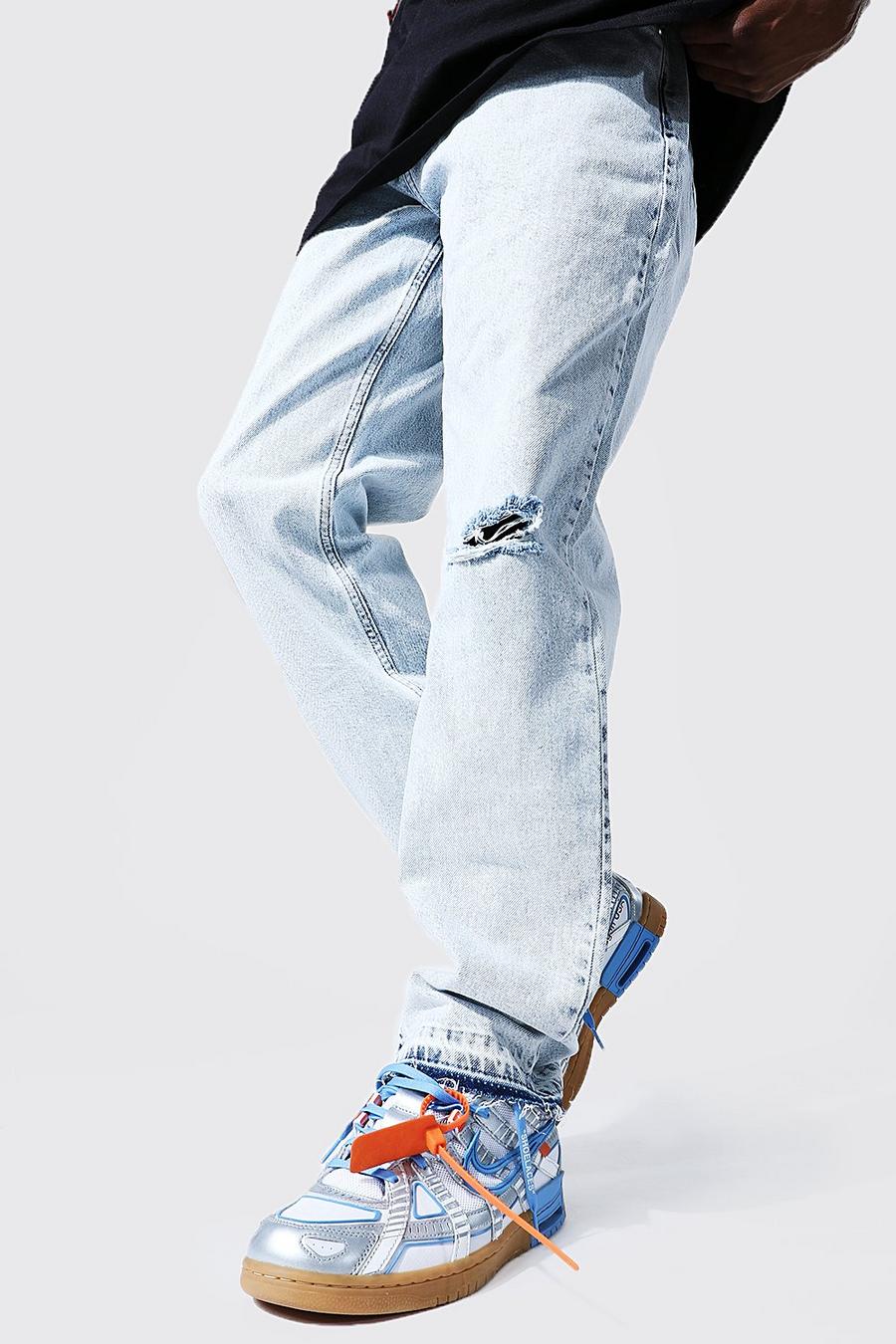 Ice blue Jeans med slitet knä och ledig passform image number 1
