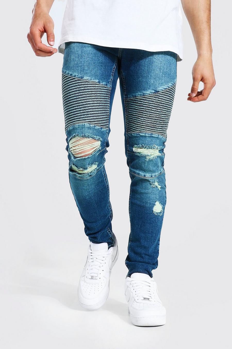 כחול עתיק סקיני ג'ינס אופנוענים נמתח עם שפשופים image number 1