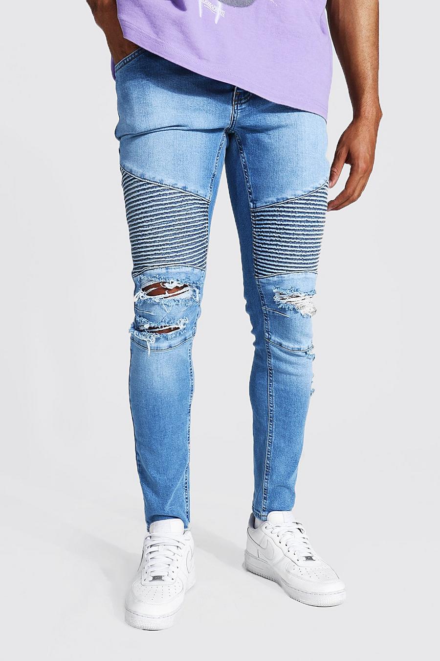 Elastische Skinny Biker-Jeans mit Abnutzungen, Mittelblau image number 1