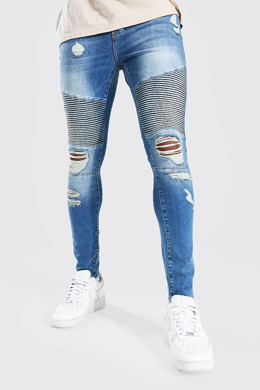 Mid blue Super skinny biker jeans med slitna knän image number 1