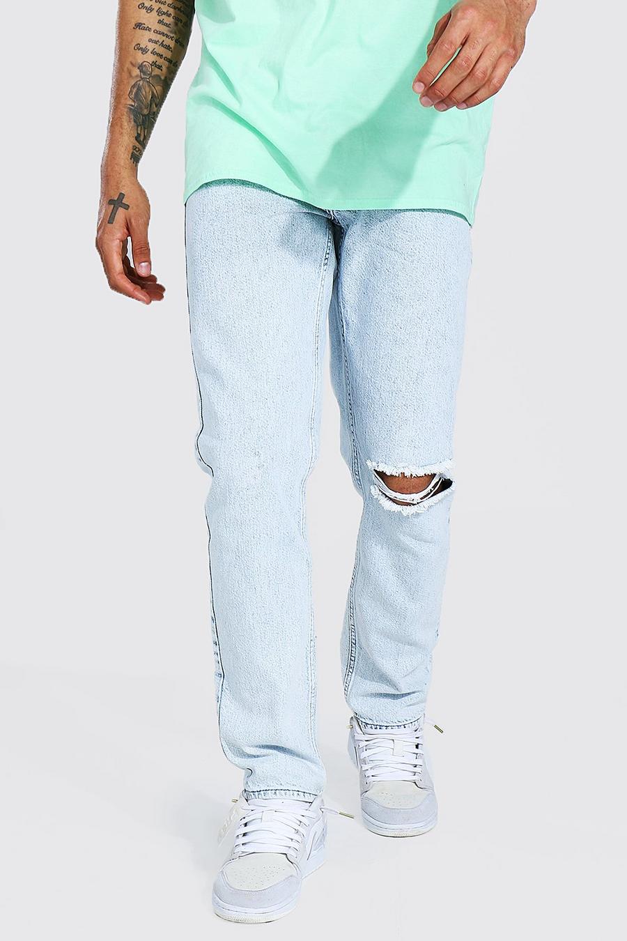 Jeans a gamba dritta effetto consumato con strappi alle ginocchia, Blu ghiaccio image number 1