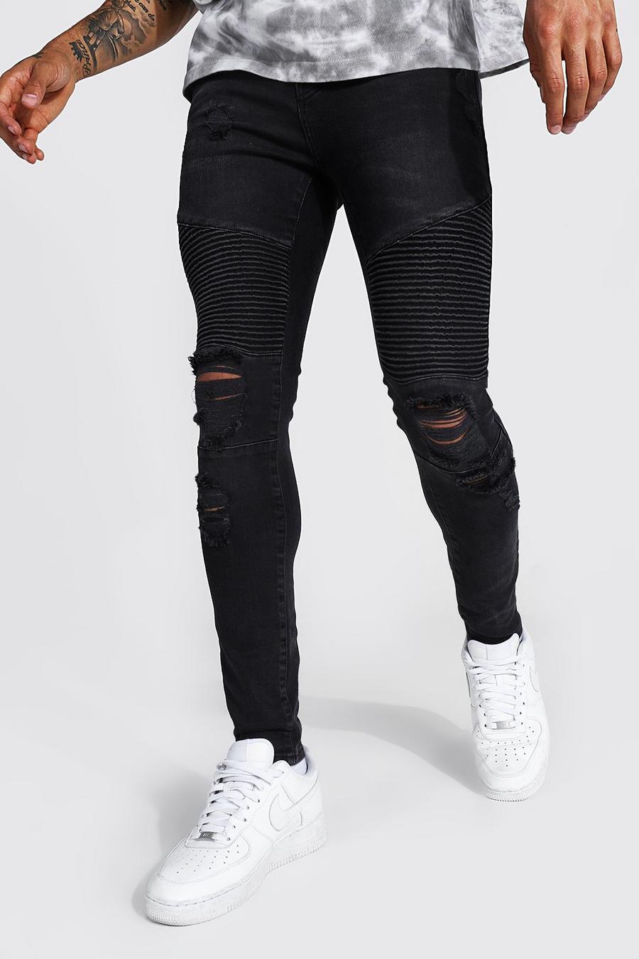 Washed black Super skinny biker jeans med slitna knän image number 1