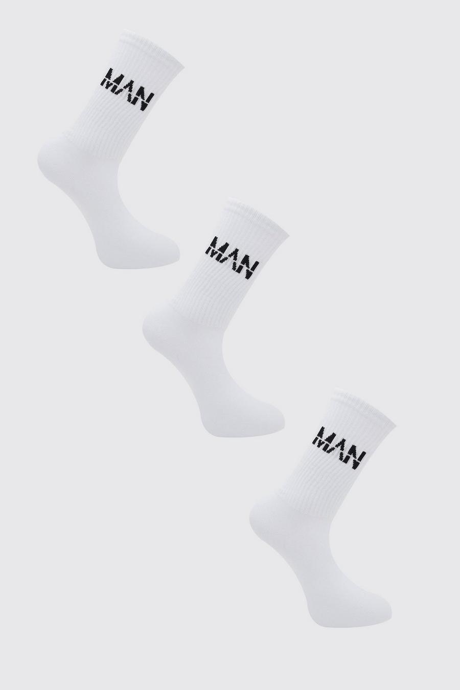 Confezione da 3 paia di calzini sportivi con logo MAN tratteggiato, Bianco image number 1