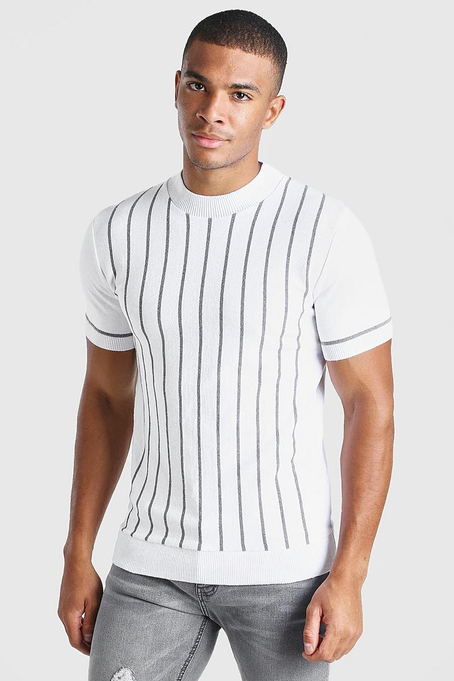 T-shirt in maglia a righe con collo alto, Bianco image number 1