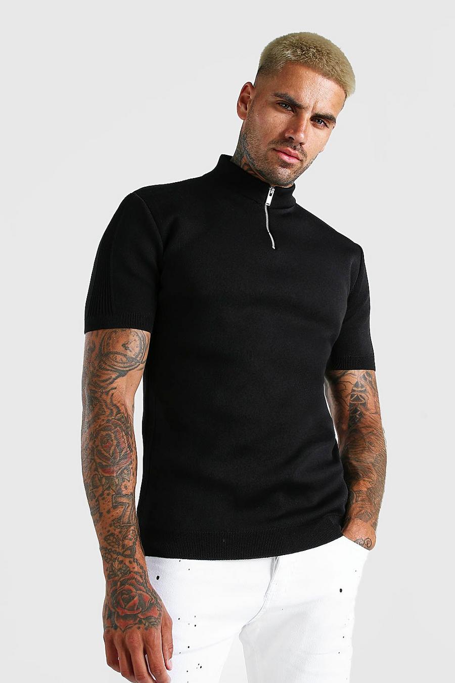 Black Half Zip Ribbed Turtle Neck Knitted T-Shirt image number 1
