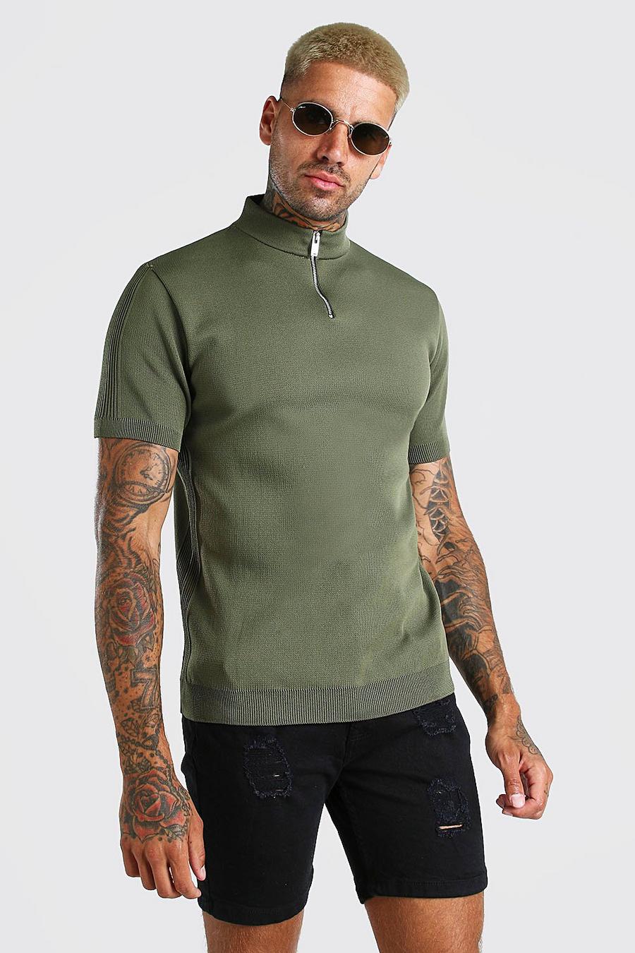 Rippstrick-T-Shirt mit Rollkragen und halbem Reißverschluss, Salbeigrün image number 1