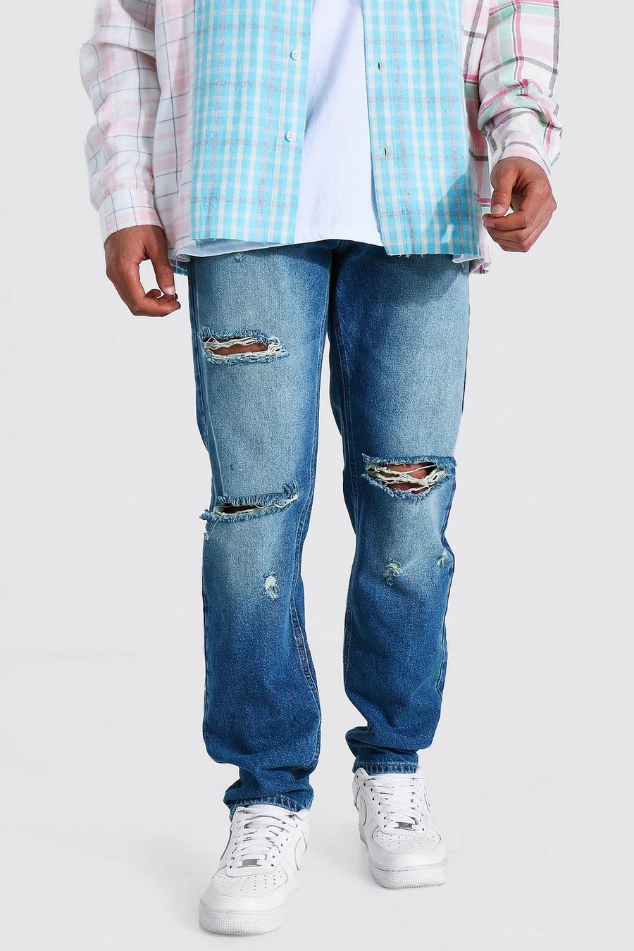 כחול אפור ג'ינס בגזרת רגל ישרה עם קרעים וקרע גדול בברך image number 1