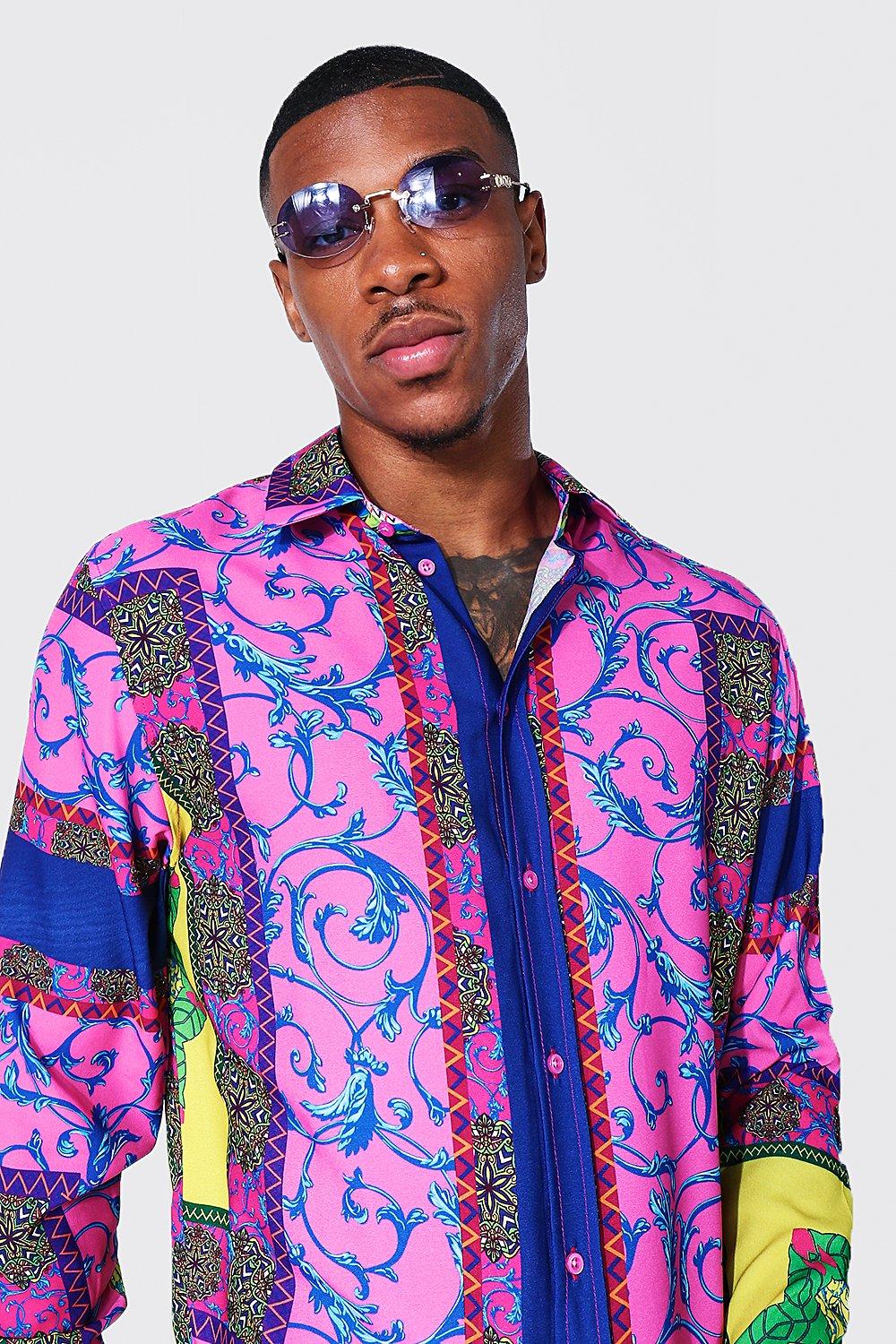 Long Sleeve Bright Baroque Print Shirt | boohoo