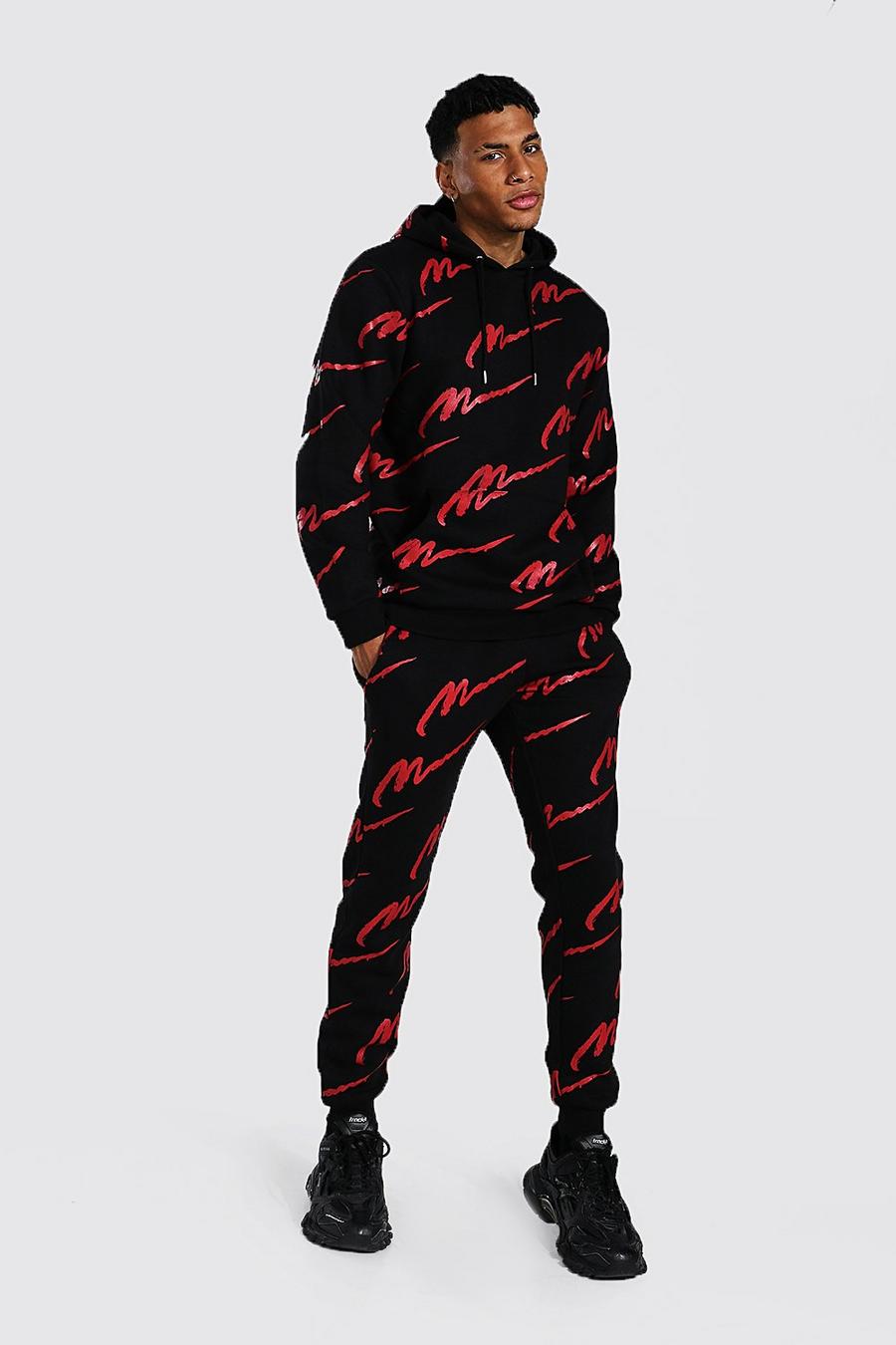 Black All Over Red Man Print Hooded Tracksuit image number 1