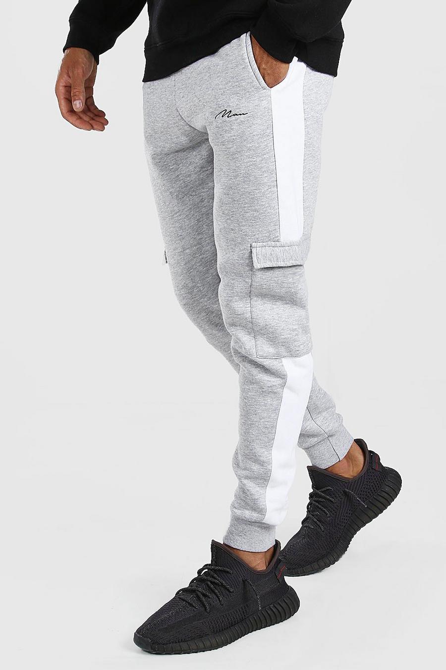 Pantalón deportivo cargo con firma MAN pitillo con panel lateral, Marga gris grigio