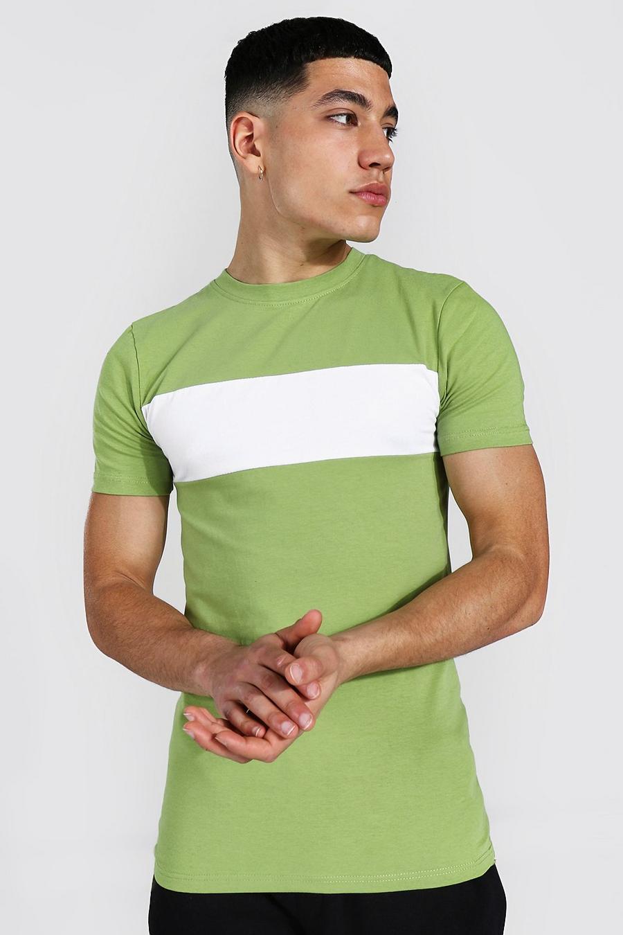 Khaki Muscle Fit Longline Colour Block T-shirt image number 1
