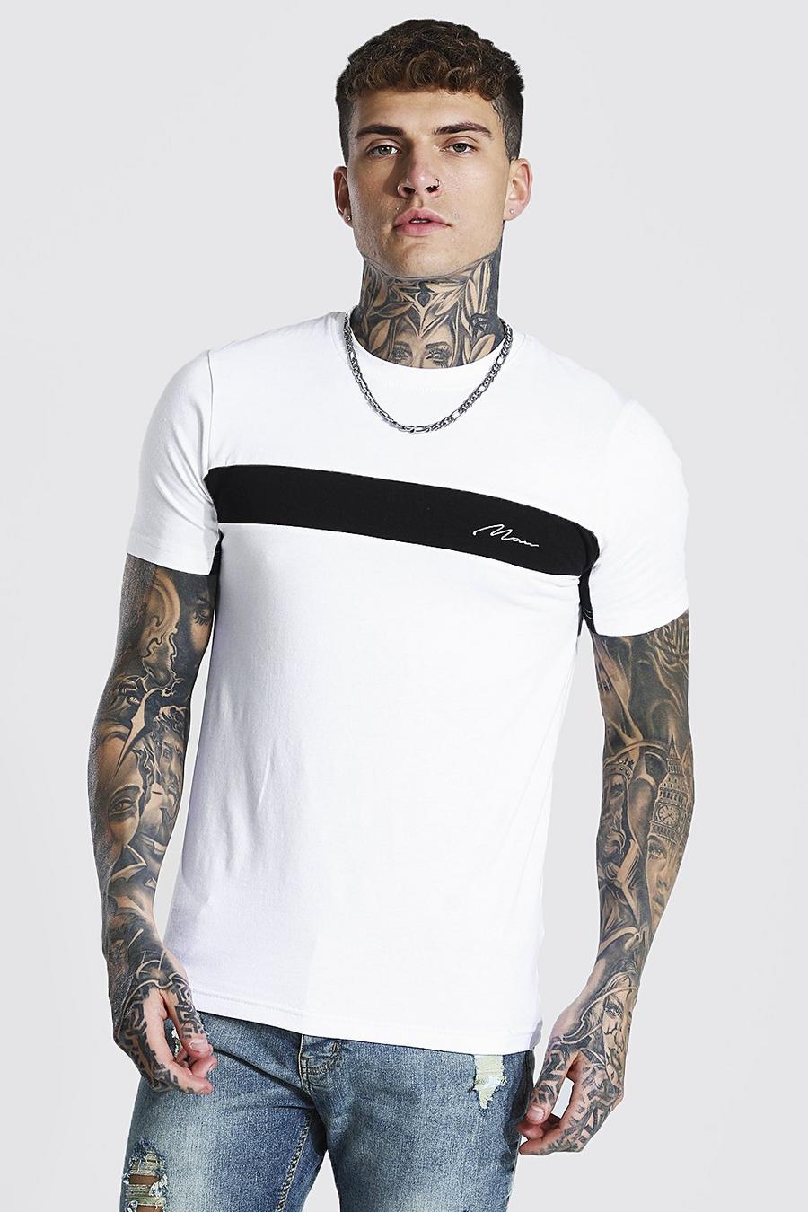 T-shirt attillata a blocchi di colore con firma Man, Bianco image number 1