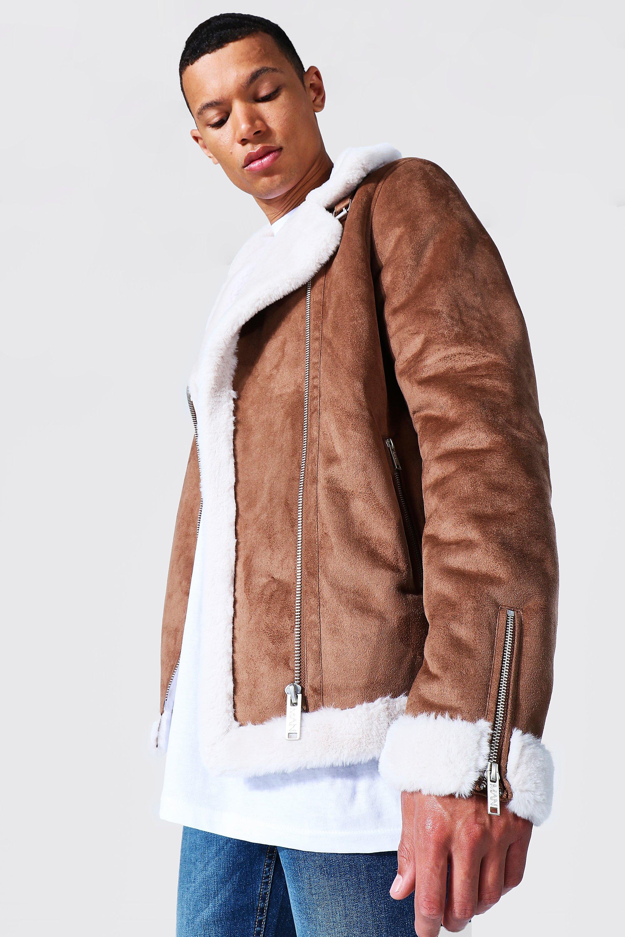 Men's Faux Fur Lined Suede Aviator Jacket