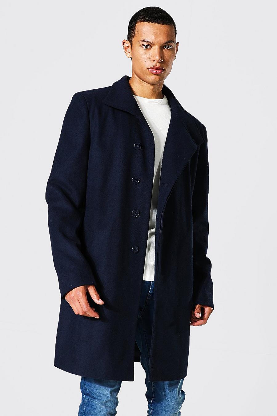 Navy Tall Funnel Neck Wool Look Overcoat image number 1