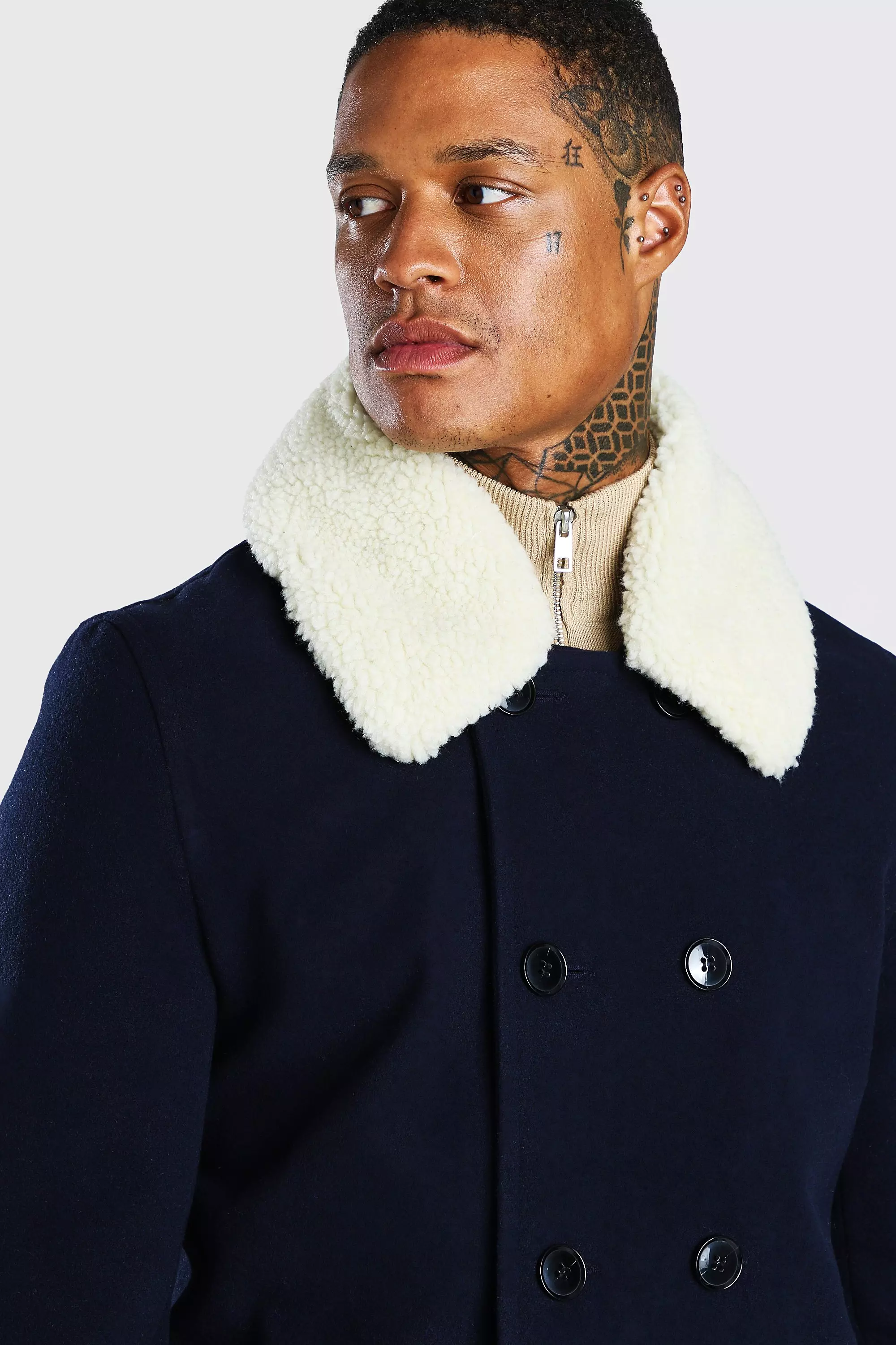 Borg collar wool store blend pea coat