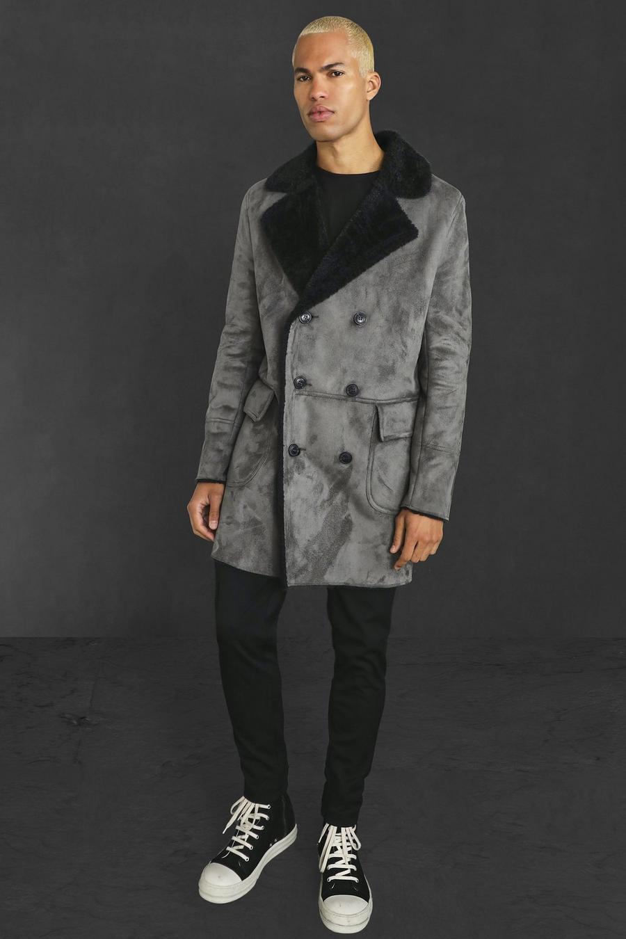 Charcoal Faux Suede Borg Lined Overcoat image number 1