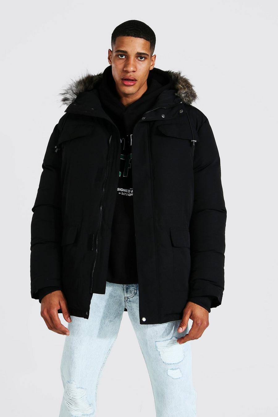 Parka Tall con capucha ártica de pelo sintético, Black negro image number 1