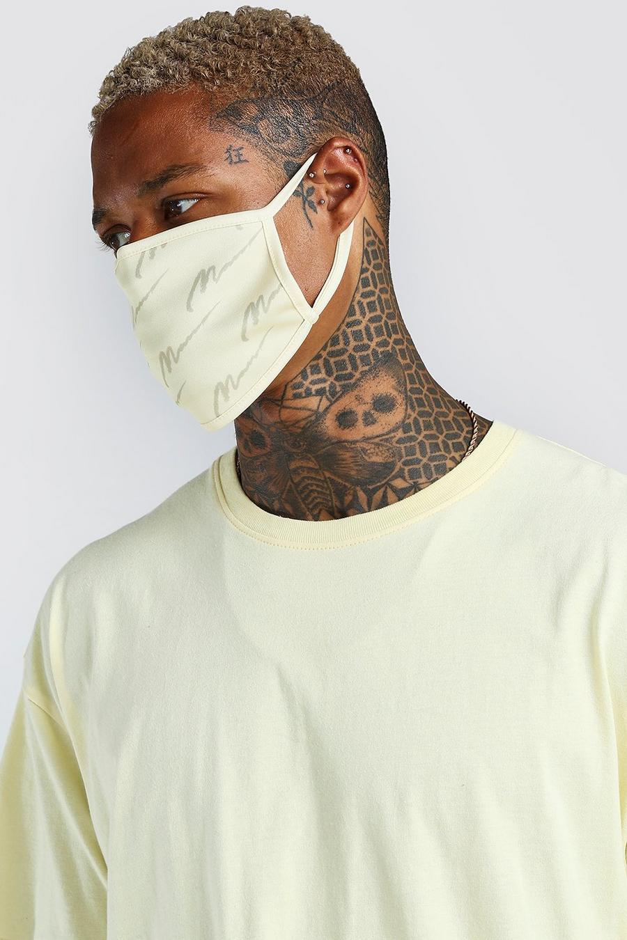 Yellow MAN Script All Over Printed Fashion Mask image number 1