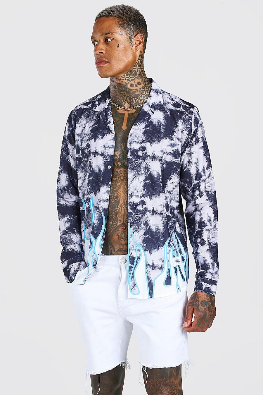 Camicia a maniche lunghe con stampa effetto tie-dye e targhetta MAN, Multi image number 1