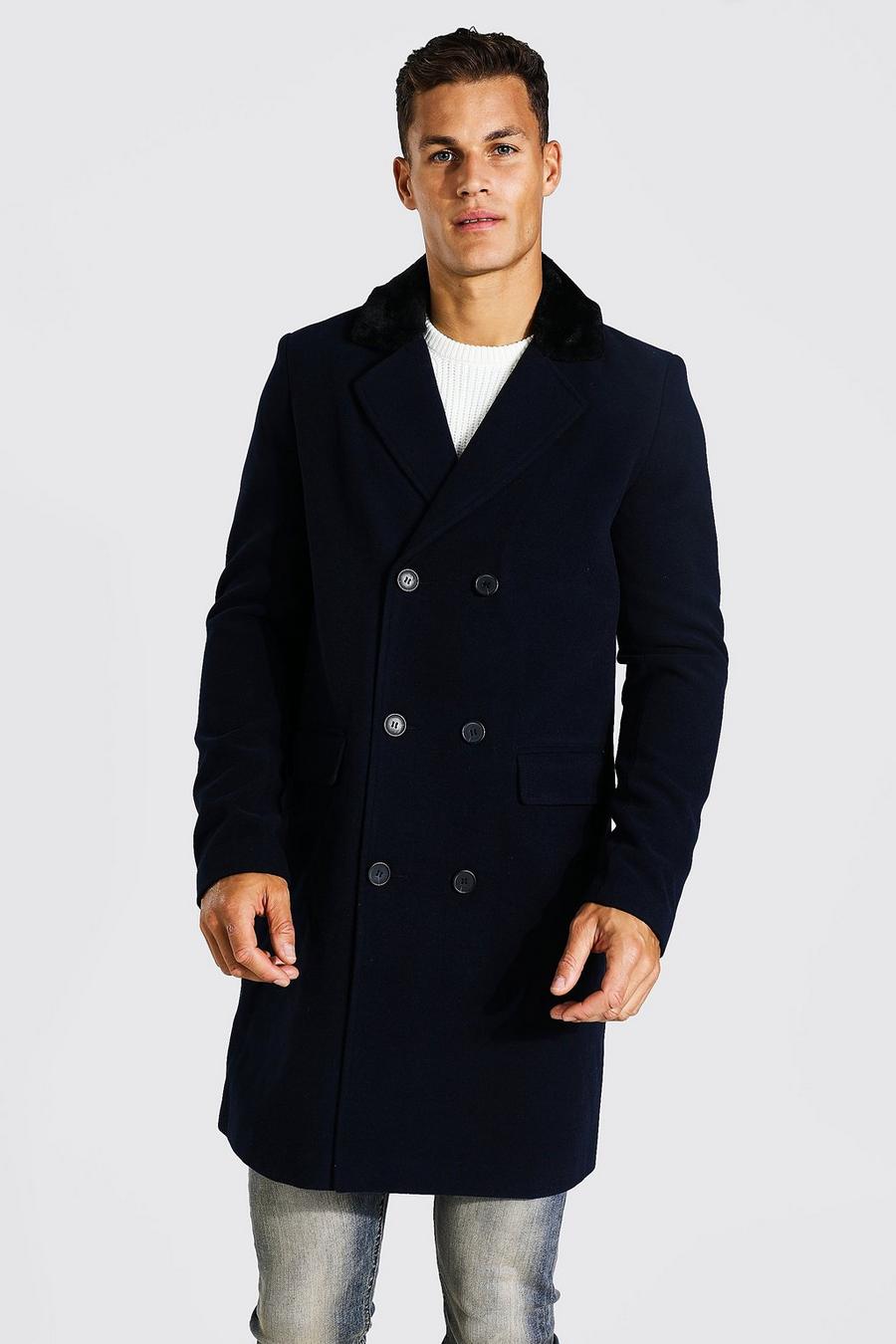 Navy Tall Faux Fur Overcoat image number 1