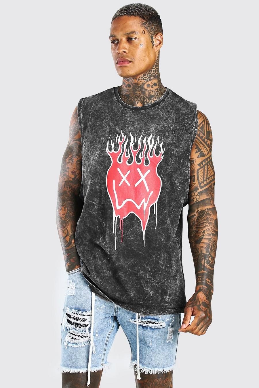 Charcoal Oversized Acid Wash Drip Face Drop Arm Tank image number 1