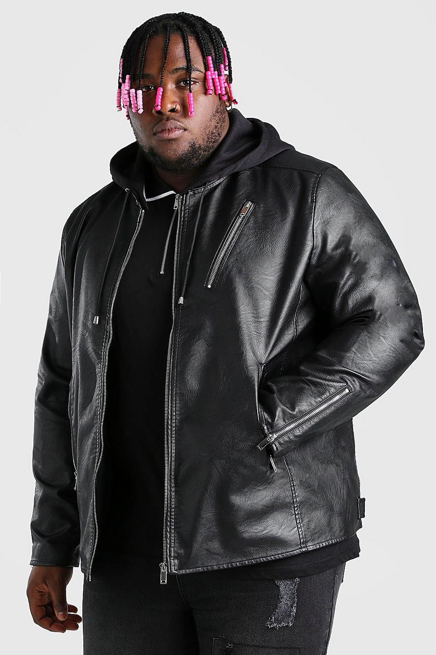 Black Plus Size Faux Leather Biker With Hood image number 1