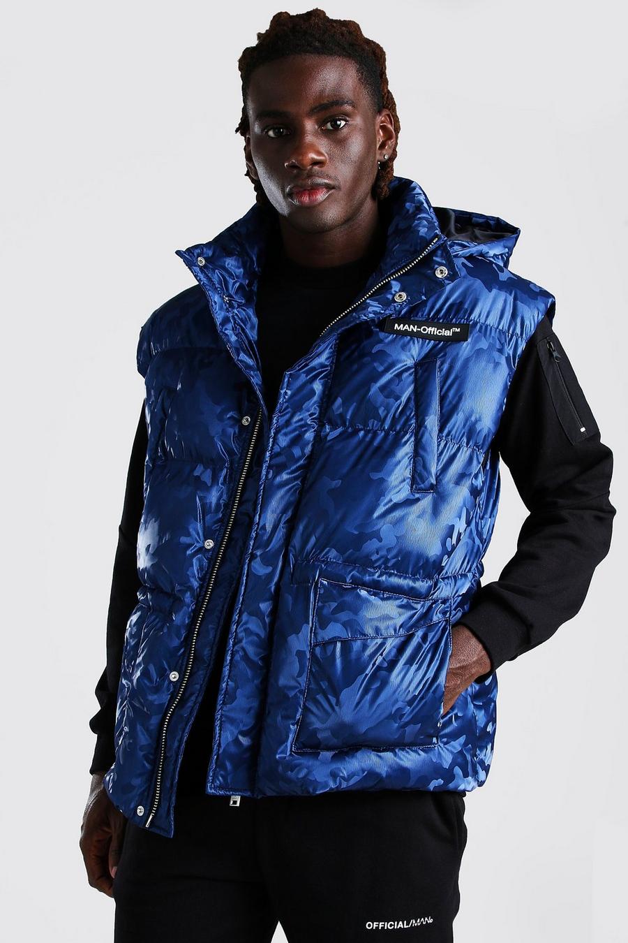 Navy Metallic Camo Hooded Padded Vest image number 1