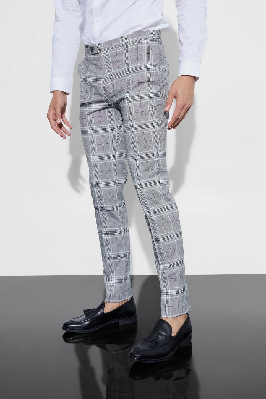 Pantalón pitillo ajustado elegante de cuadros con alforza, Grey grigio
