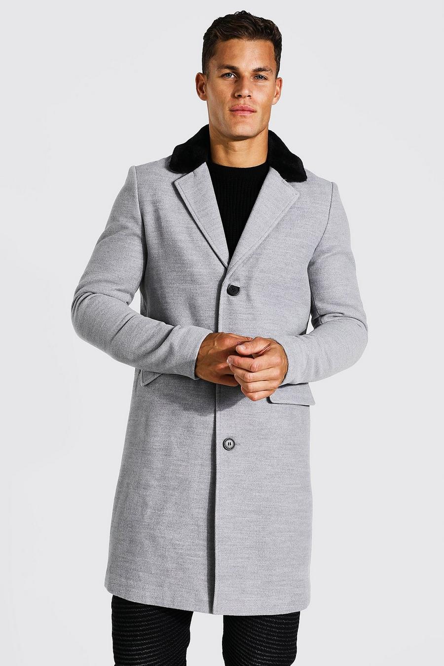 Tall - Manteau long habillé avec col en fausse fourrure, Grey image number 1