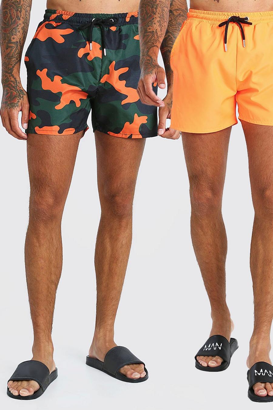 Orange 2 Pack Camo Print And Plain Mid Length Swim Shorts image number 1